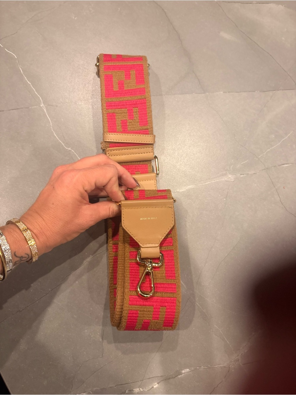 Fendi Pink and Tan FF Logo Webbing Strap with Gold Hardware